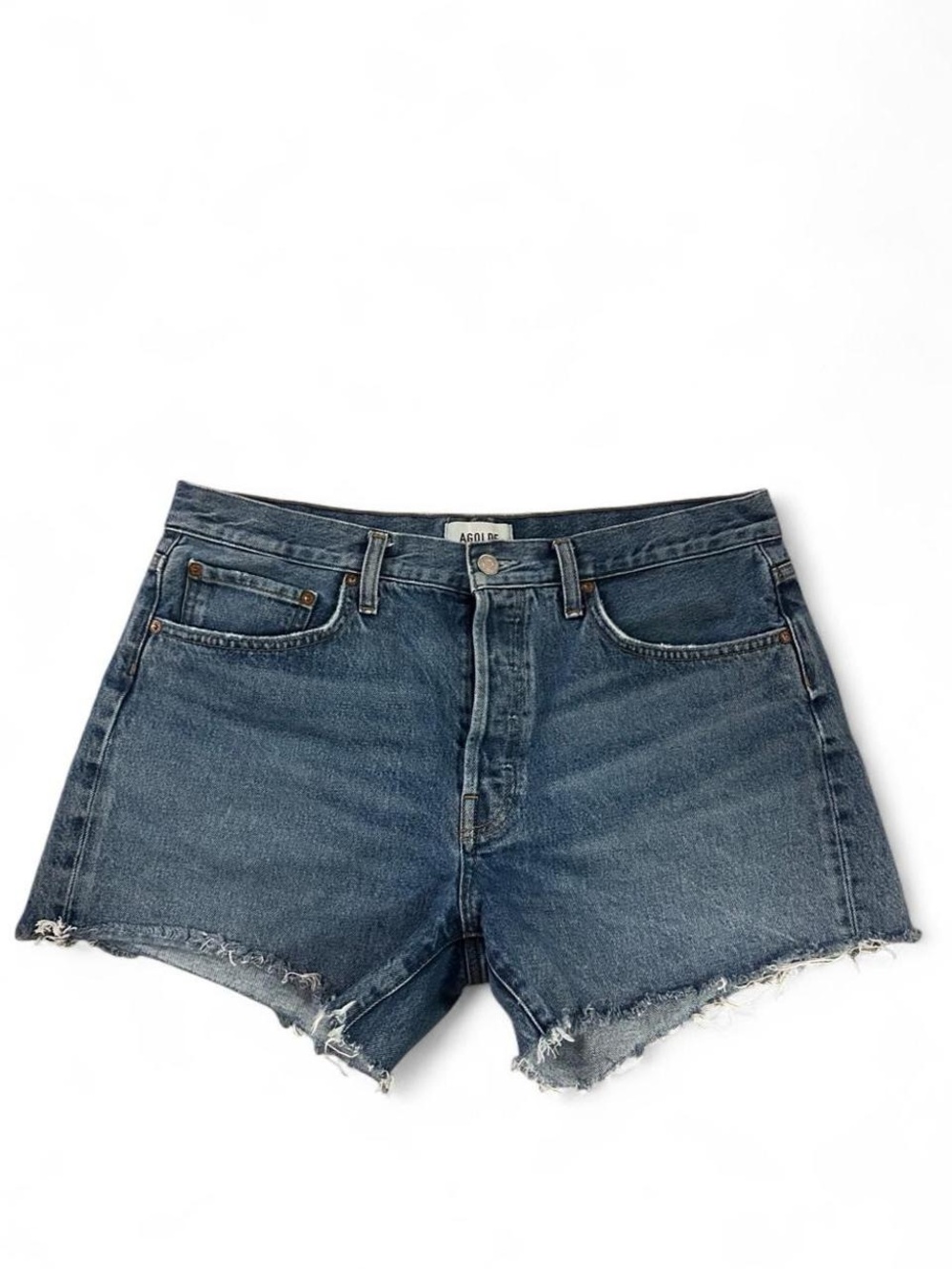 Agolde Distressed Mid Blue High-Rise Denim Shorts